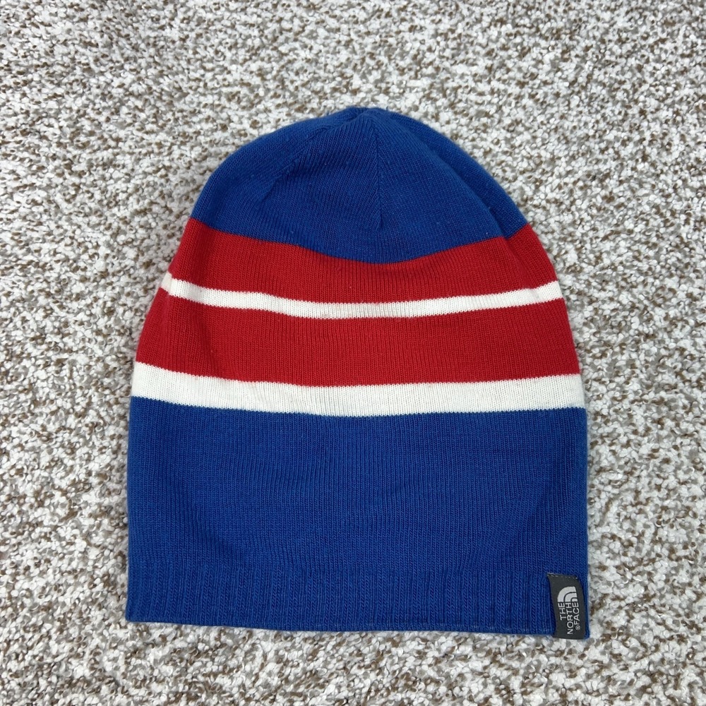 The‎ North Face Hat Beanie Youth Medium Blue Red Stripe Knit Logo Boys Winter